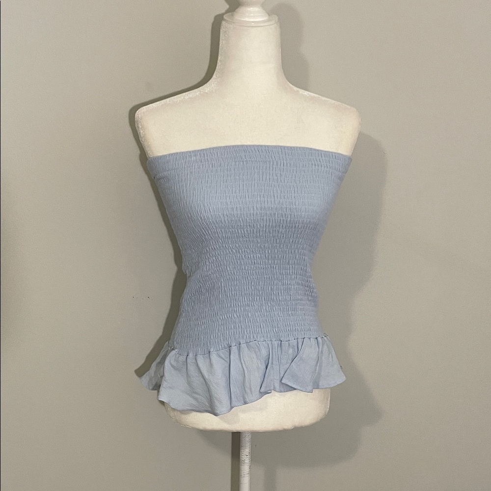 Light Blue Strapless Top with Ruffle Hem